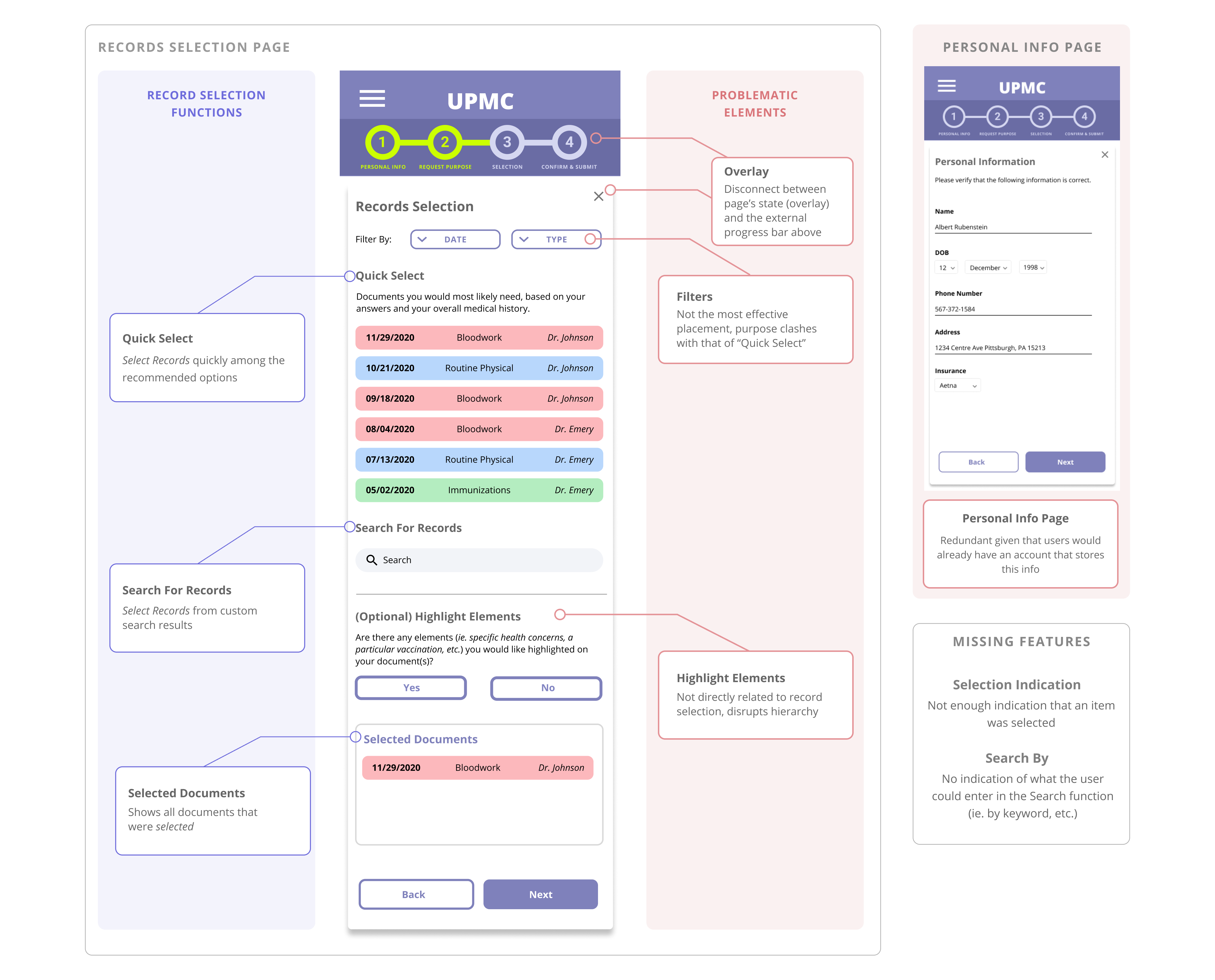 mobile screens of mid-fi prototype with call outs for area of improvement