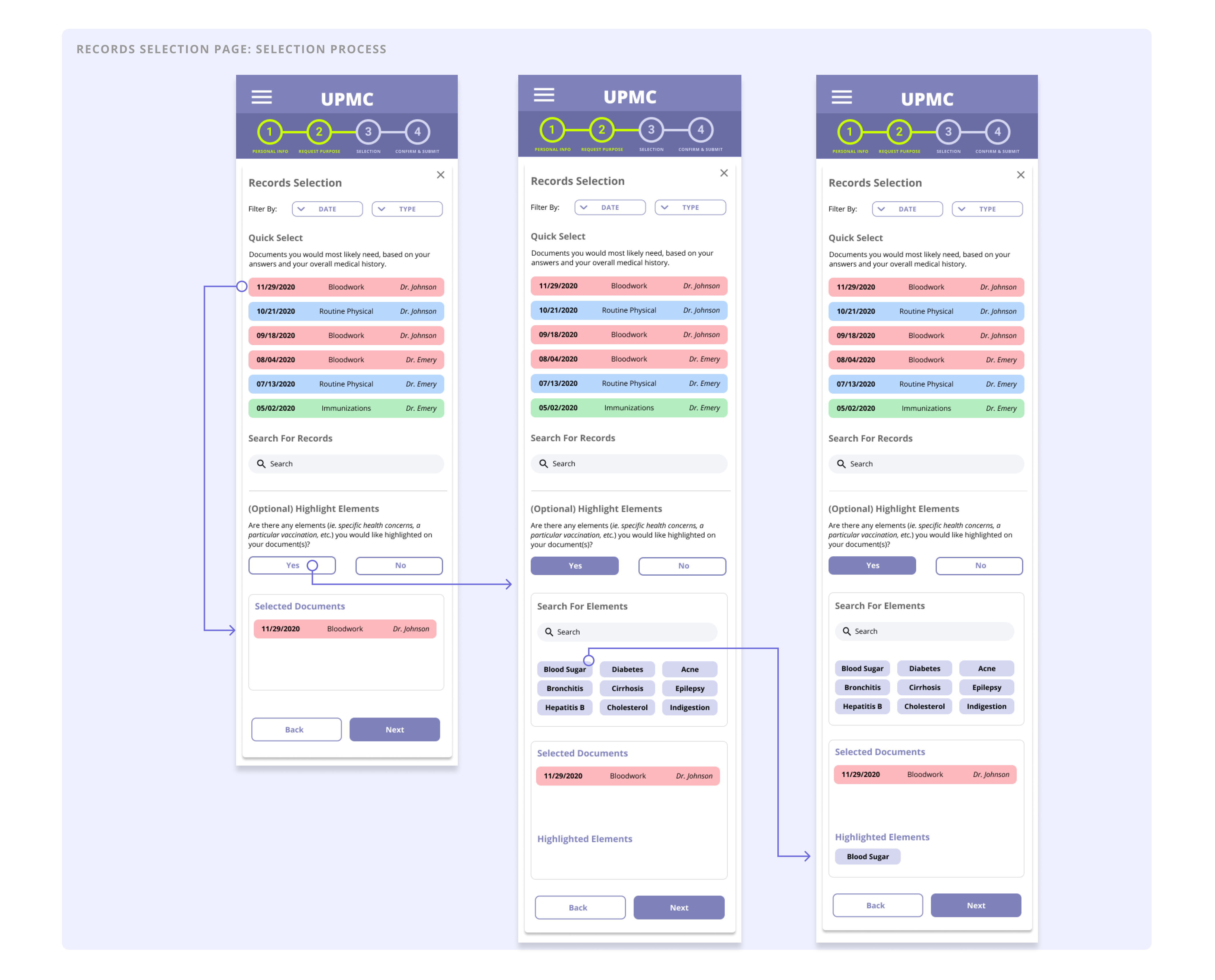mobile screens of mid-fi prototype showing the selection of records process